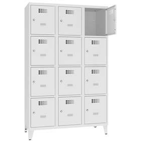 Schließfachschrank WEMO, 3x4 Abteile, 1200x500x1940 mm, mit Füßen, Türfarbe Grau RAL7035, Drehriegelverschluss