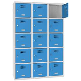 Schließfachschrank WEMO, 3x5 Abteile, 1200x500x1800 mm, Türfarbe Blau RAL5012, Drehriegelverschluss