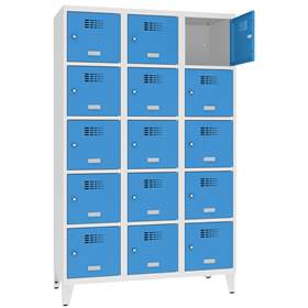 Schließfachschrank WEMO, 3x5 Abteile, 1200x500x1940 mm, mit Füßen, Türfarbe Blau RAL5012, Drehriegelverschluss