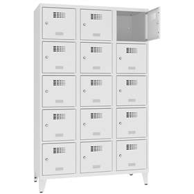 Schließfachschrank WEMO, 3x5 Abteile, 1200x500x1940 mm, mit Füßen, Türfarbe Grau RAL7035, Drehriegelverschluss
