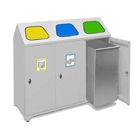 Coșuri pentru deșeuri sortate cu recipiente interioare zincate, volum 3 x 80 l clapetă capac verde+albastră+galbenă