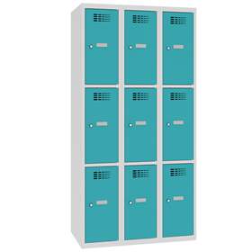 Schließfachschrank WEMO, 3x3 Abteile, 900x500x1800 mm, Türfarbe Türkisblau RAL5018, Zylinderschloss