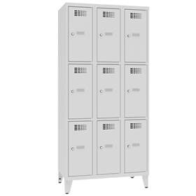 Schließfachschrank WEMO, 3x3 Abteile, 900x500x1940 mm, mit Füßen, Türfarbe grau RAL7035, Drehriegelverschluss