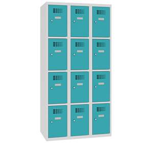 Schließfachschrank WEMO, 3x4 Abteile, 900x500x1800 mm, Türfarbe Türkisblau RAL5018, Drehriegelverschluss