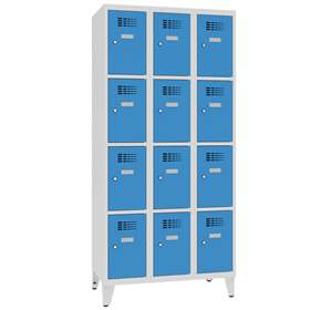 Schließfachschrank WEMO, 3x4 Abteile, 900x500x1940 mm, mit Füßen, Türfarbe blau RAL5012, Zylinderschloss
