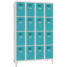 Schließfachschrank WEMO, 4x4 Abteile, 1200x500x1940 mm, mit Füßen, Türfarbe Türkisblau RAL5018, Zylinderschloss