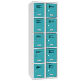 Schließfachschrank WEMO, 2x5 Abteile, 600x500x1800 mm, Türfarbe Türkisblau RAL5018, Zylinderschloss