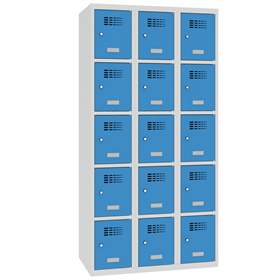 Schließfachschrank WEMO, 3x5 Abteile, 900x500x1800 mm, Türfarbe blau RAL5012, Zylinderschloss