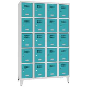 Schließfachschrank WEMO, 4x5 Abteile, 1200x500x1940 mm, mit Füßen, Türfarbe Türkisblau RAL5018, Drehriegelverschluss