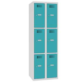 Schließfachschrank WEMO, 2x3 Abteile, 600x500x1800 mm, Türfarbe Türkisblau RAL5018, Drehriegelverschluss