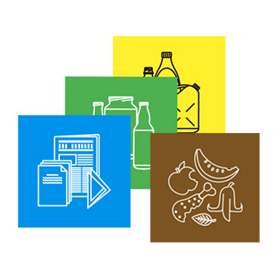 Aufkleber-Set 17x17 cm, 4-er Pack (Blau/Papier, Gelb/Kunststoff, Grün/Glas, Braun/Biomühl)