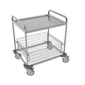 Cărucior cu polițe din oțel inoxidabil, sudat, 1 polițe + 1 coș din sârmă, HxLxl: 890x800x630 mm.