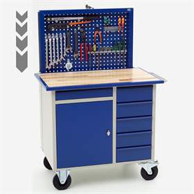 Cărucior de atelier cu panou perforat extensibil, 1077x665x920 mm, capacitate portantă 500 kg, 6 sertare, 1 dulap cu poliță