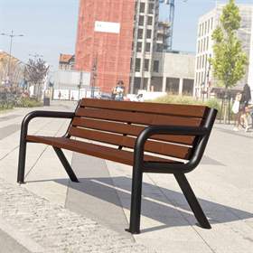 Bancă parc Boston 2, cu spătar, structură din țeavă de oțel cu scânduri din lemn masiv în nuanță de trandafir, lungime 1,86 m