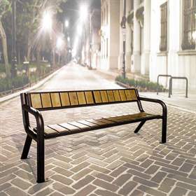 Bancă parc Tampa cu spătar, structură din oțel cu scânduri din lemn masiv în nuanță aurie de tec, lungime 1,75 m