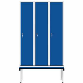 Garderobenschrank aus HPL für Nassbereiche, 3 x 400 mm, mit Bank, Zylinderschloß, Türfarbe Blau