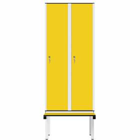 Garderobenschrank aus HPL für Nassbereiche, 2 x 400 mm, mit Bank, Zylinderschloß, Türfarbe Gelb