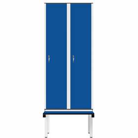 Garderobenschrank aus HPL für Nassbereiche, 2 x 400 mm, mit Bank, Zylinderschloß, Türfarbe Blau
