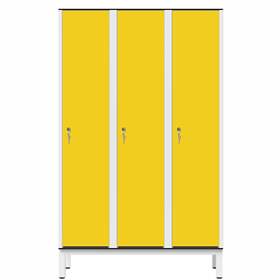 Garderobenschrank aus HPL für Nassbereiche, 3 x 400 mm, 4 Füße, Zylinderschloß, Türfarbe Gelb