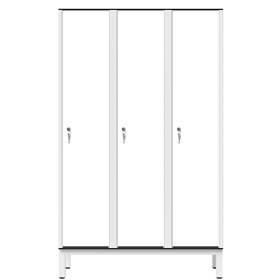 Šatní skříň pro vlhké prostory z laminátu, 3 x 400 mm, 4 nohy, cyndrický zámek, dveře bílé