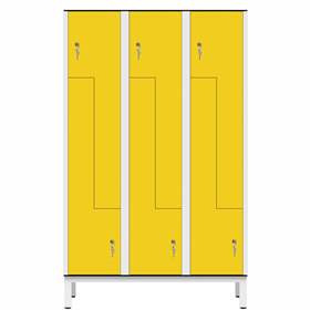 Garderobenschrank aus HPL für Nassbereiche 'Z', 3 x 400 mm, 4 Füße, Zylinderschloß, Türfarbe Gelb