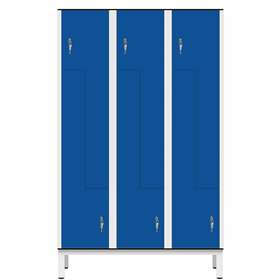 Garderobenschrank aus HPL für Nassbereiche 'Z', 3 x 400 mm, 4 Füße, Zylinderschloß, Türfarbe Blau