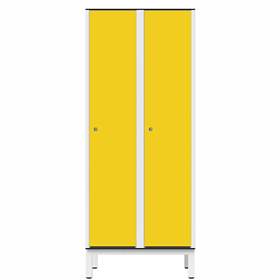 Garderobenschrank aus HPL für Nassbereiche, 2 x 400 mm, 4 Füße, Drehriegel, Türfarbe Gelb