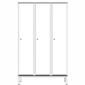 Šatní skříň pro vlhké prostory z laminátu, 3 x 400 mm, 4 nohy, otočná závora, dveře bílé