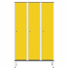 Šatňová skriňa pre vlhké priestory z laminátu, delená, 3 x 400 mm, 4 nohy, otočná závora, dvere žlté