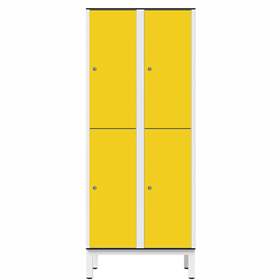 Garderobenschrank aus HPL für Nassbereiche, geteilt, 4 Fächer, B. 800 mm, 4 Füße, Drehriegel, Farbe Gelb