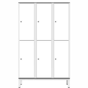 Šatní skříň pro vlhké prostory z laminátu, dělená, 6 schránek, š. 1200 mm, 4 nohy, otočná závora, bílá