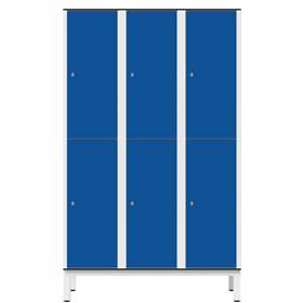 Šatní skříň pro vlhké prostory z laminátu, dělená, 6 schránek, š. 1200 mm, 4 nohy, otočná závora, modrá