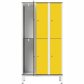 Garderobenschrank aus HPL für Nassbereiche, geteilt, 6 Fächer, B. 900 mm, 4 Füße, Drehriegel, Farbe Gelb