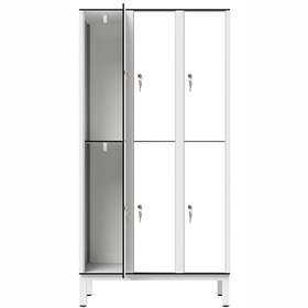 Garderobenschrank aus HPL für Nassbereiche, geteilt, 6 Fächer, B. 900 mm, 4 Füße, Zylinderschloss, Farbe Weiß