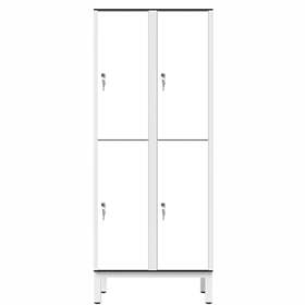 Garderobenschrank aus HPL für Nassbereiche, geteilt, 4 Fächer, B. 800 mm, 4 Füße, Zylinderschloss, Farbe Weiß
