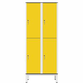 Garderobenschrank aus HPL für Nassbereiche, geteilt, 4 Fächer, B. 800 mm, 4 Füße, Zylinderschloß, Farbe Gelb