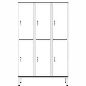 Garderobenschrank aus HPL für Nassbereiche, geteilt, 6 Fächer, B. 1200 mm, 4 Füße, Zylinderschloss, Farbe Weiß