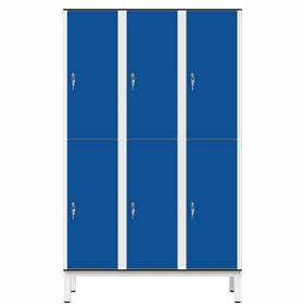 Šatní skříň pro vlhké prostory z laminátu, dělená, 6 schránek, š. 1200 mm, 4 nohy, cyndrický zámek, modrá