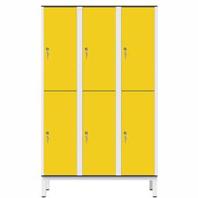Šatní skříň pro vlhké prostory z laminátu, dělená, 6 schránek, š. 1200 mm, 4 nohy, cyndrický zámek, žlutá