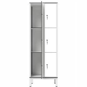 Garderobenschrank aus HPL für Nassbereicheh, geteilt, 6 Fächer, B. 600 mm, 4 Füße, Zylinderschloß, Farbe Weiß