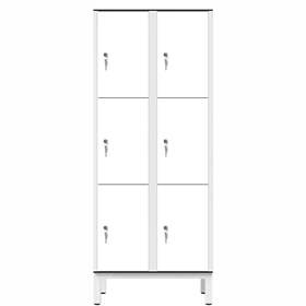 Garderobenschrank aus HPL für Nassbereiche, geteilt, 6 Fächer, B. 800 mm, 4 Füße, Zylinderschloß, Farbe Weiß