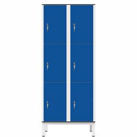 Garderobenschrank aus HPL für Nassbereiche, geteilt, 6 Fächer, B. 800 mm, 4 Füße, Zylinderschloß, Farbe Blau