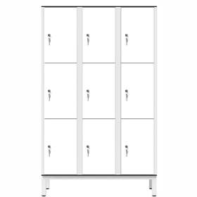 Garderobenschrank aus HPL für Nassbereiche, geteilt, 9 Fächer, B. 1200 mm, 4 Füße, Zylinderschloß, Farbe Weiß