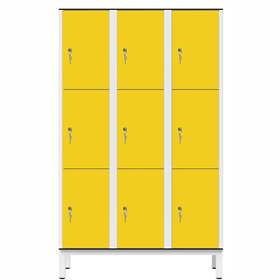 Garderobenschrank aus HPL für Nassbereiche, geteilt, 9 Fächer, B. 1200 mm, 4 Füße, Zylinderschloß, Farbe Gelb