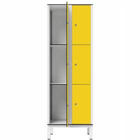 Garderobenschrank aus HPL für Nassbereiche, geteilt, 6 Fächer, B. 600 mm, 4 Füße, Drehriegel, Farbe Gelb