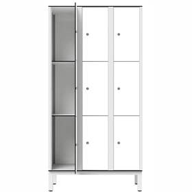 Garderobenschrank aus HPL für Nassbereiche, geteilt, 9 Fächer, B. 900 mm, 4 Füße, Drehriegel, Farbe Weiß