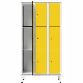 Garderobenschrank aus HPL für Nassbereiche, geteilt, 9 Fächer, B. 900 mm, 4 Füße, Drehriegel, Farbe Gelb