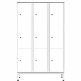 Garderobenschrank aus HPL für Nassbereiche, geteilt, 9 Fächer, B. 1200 mm, 4 Füße, Drehriegel, Farbe Weiß