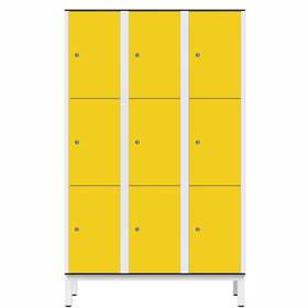 Garderobenschrank aus HPL für Nassbereiche, geteilt, 9 Fächer, B. 1200 mm, 4 Füße, Drehriegel, Farbe Gelb