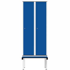 Garderobenschrank aus HPL für Nassbereiche, 2 x 400 mm, mit Bank, Drehriegel, Türfarbe Blau